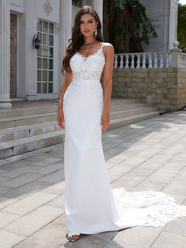 Sheath/Column V-neck Sleeveless Sweep/Brush Train Wedding Dresses