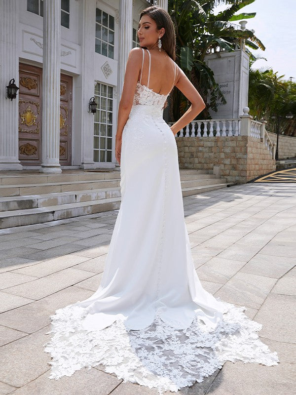 Sheath/Column V-neck Sleeveless Sweep/Brush Train Wedding Dresses