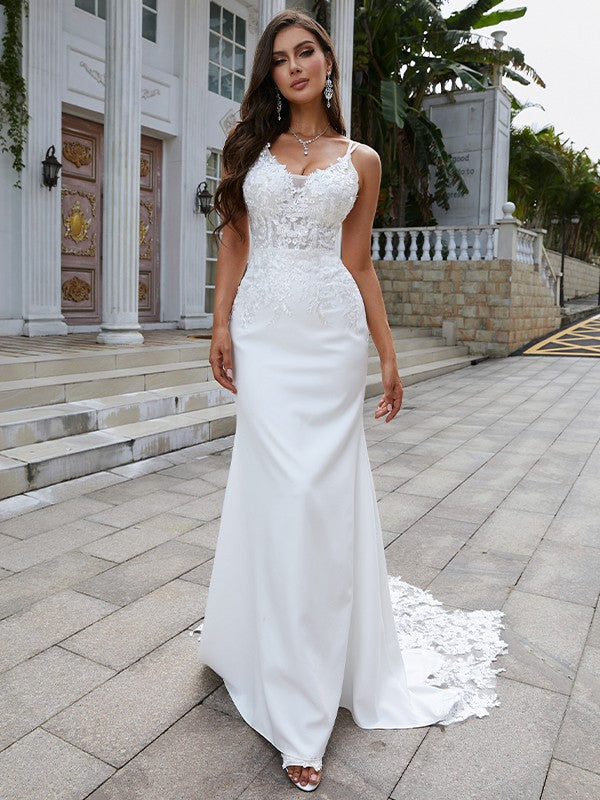 Sheath/Column V-neck Sleeveless Sweep/Brush Train Wedding Dresses