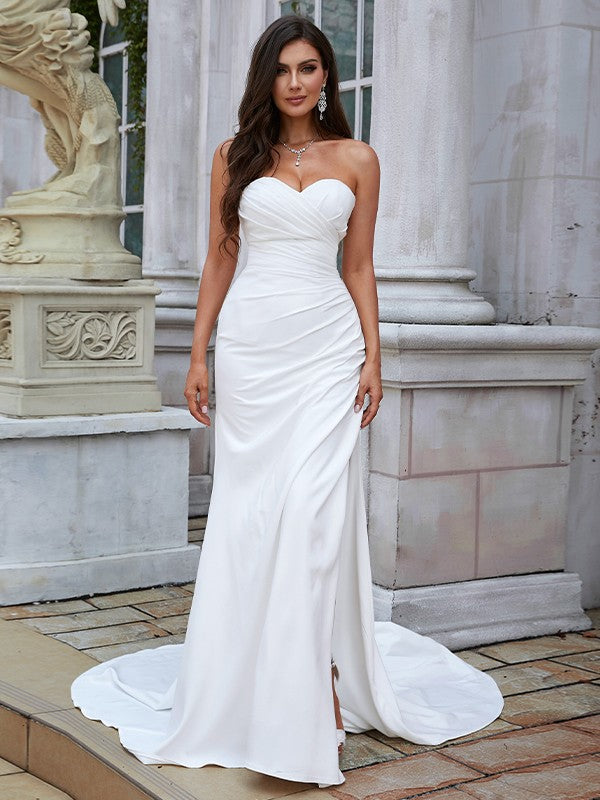 Sheath/Column Ruched Sweetheart Sleeveless Sweep/Brush Train Wedding Dresses