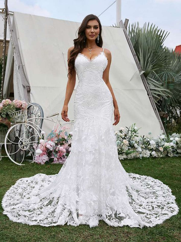 Sheath/Column V-neck Sleeveless Sweep/Brush Train Wedding Dresses