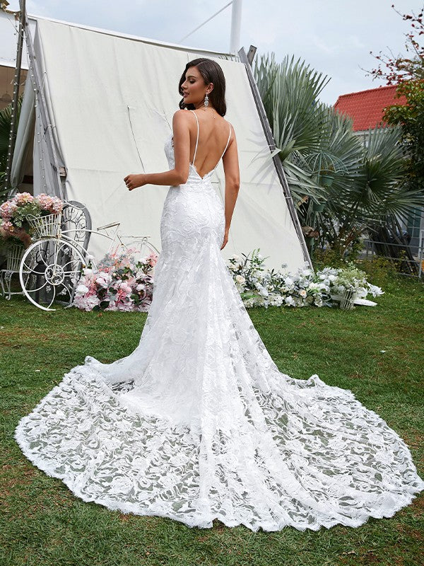 Sheath/Column V-neck Sleeveless Sweep/Brush Train Wedding Dresses