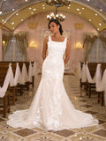 Sheath/Column Applique Straps Sleeveless Sweep/Brush Train Wedding Dresses