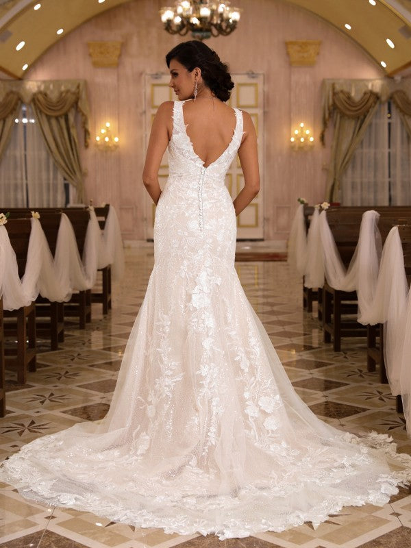 Sheath/Column Applique Straps Sleeveless Sweep/Brush Train Wedding Dresses