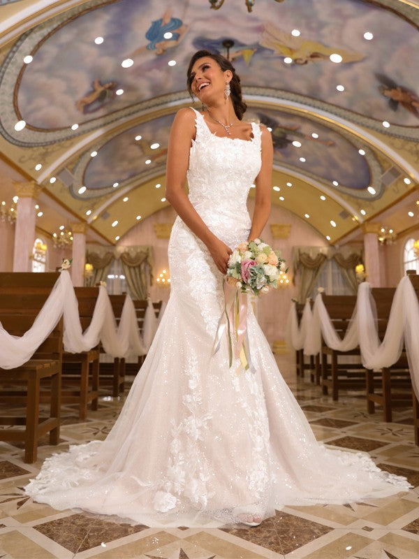 Sheath/Column Applique Straps Sleeveless Sweep/Brush Train Wedding Dresses