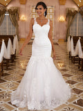 Trumpet/Mermaid Applique V-neck Sleeveless Sweep/Brush Train Wedding Dresses