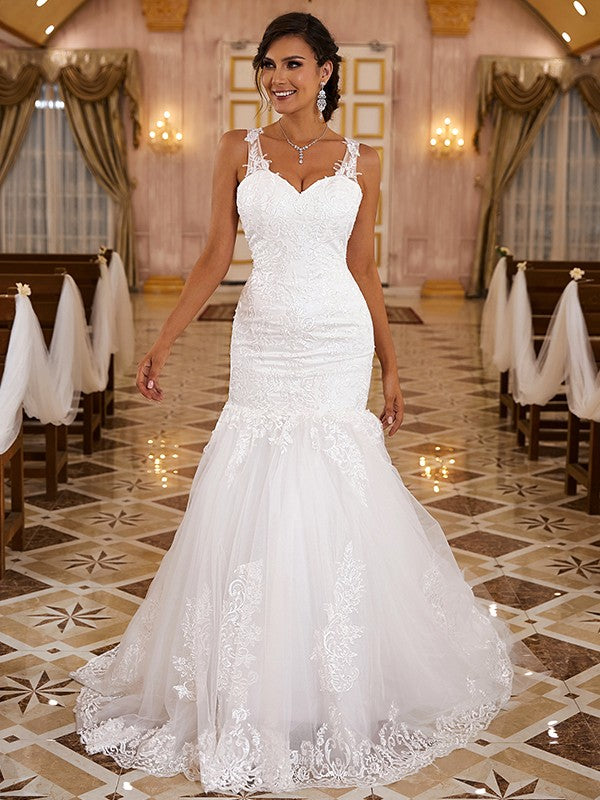 Trumpet/Mermaid Applique V-neck Sleeveless Sweep/Brush Train Wedding Dresses