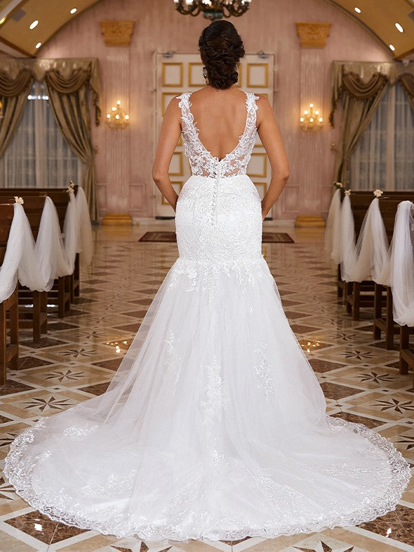 Trumpet/Mermaid Applique V-neck Sleeveless Sweep/Brush Train Wedding Dresses