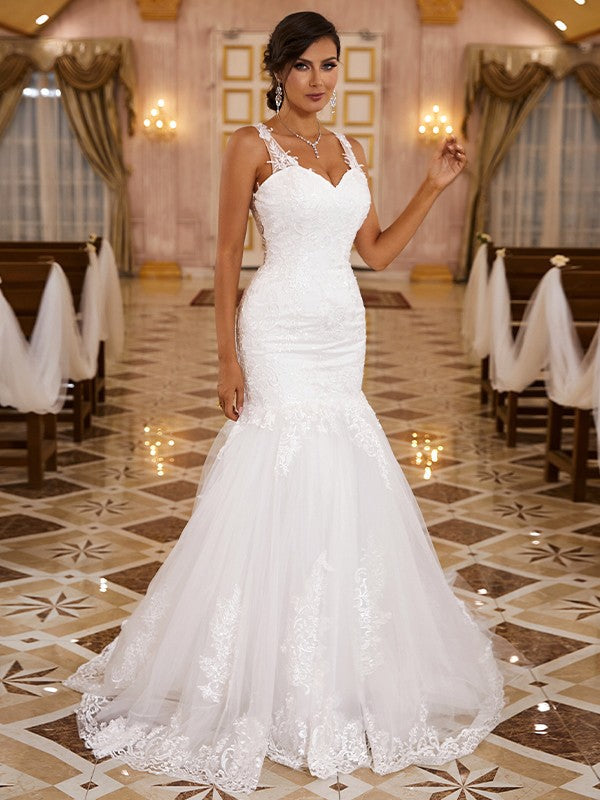 Trumpet/Mermaid Applique V-neck Sleeveless Sweep/Brush Train Wedding Dresses
