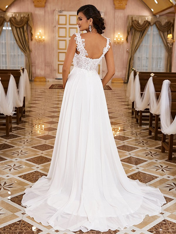 A-Line/Princess Applique Straps Sleeveless Sweep/Brush Train Wedding Dresses