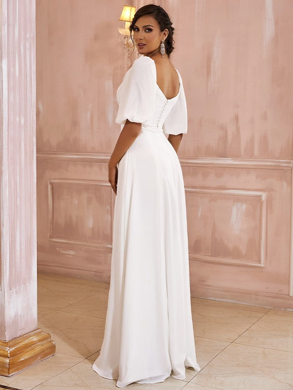 A-Line/Princess Ruched Off-the-Shoulder 1/2 Sleeves Floor-Length Wedding Dresses