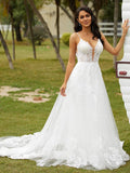 A-Line/Princess Applique V-neck Sleeveless Court Train Wedding Dresses