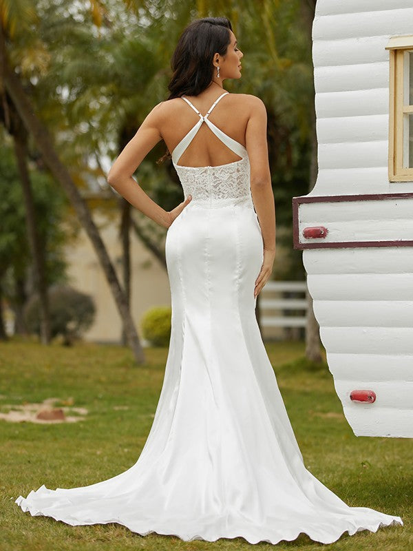 Sheath/Column Elastic Woven Ruched Spaghetti Straps Sleeveless Court Train Wedding Dresses