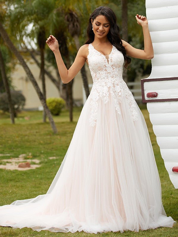 A-Line/Princess V-neck Sleeveless Court Train Wedding Dresses