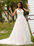 A-Line/Princess V-neck Sleeveless Court Train Wedding Dresses