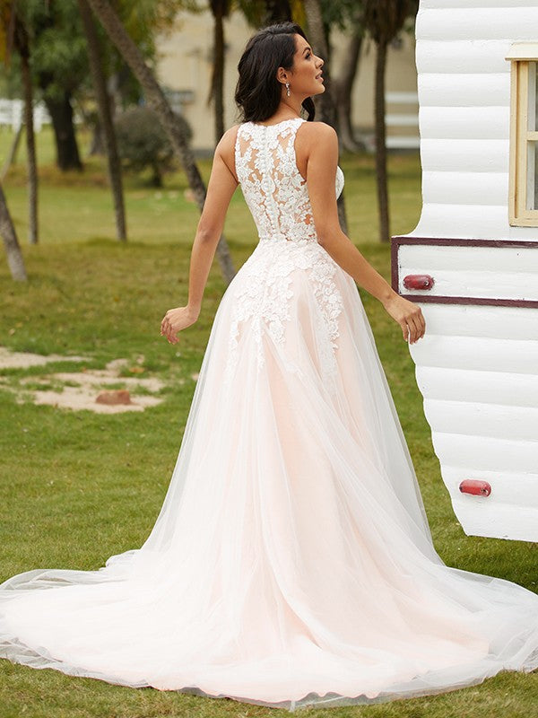 A-Line/Princess V-neck Sleeveless Court Train Wedding Dresses