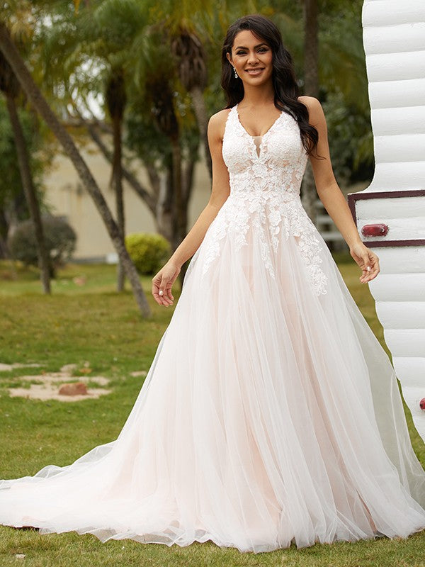 A-Line/Princess V-neck Sleeveless Court Train Wedding Dresses