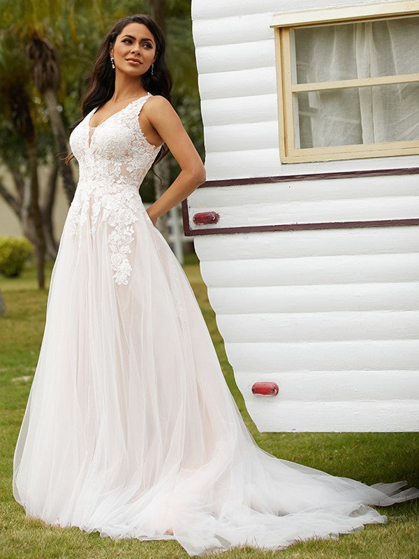 A-Line/Princess V-neck Sleeveless Court Train Wedding Dresses