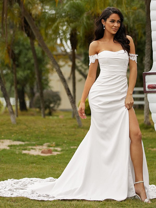 Sheath/Column Off-the-Shoulder Sleeveless Cathedral Train Wedding Dresses