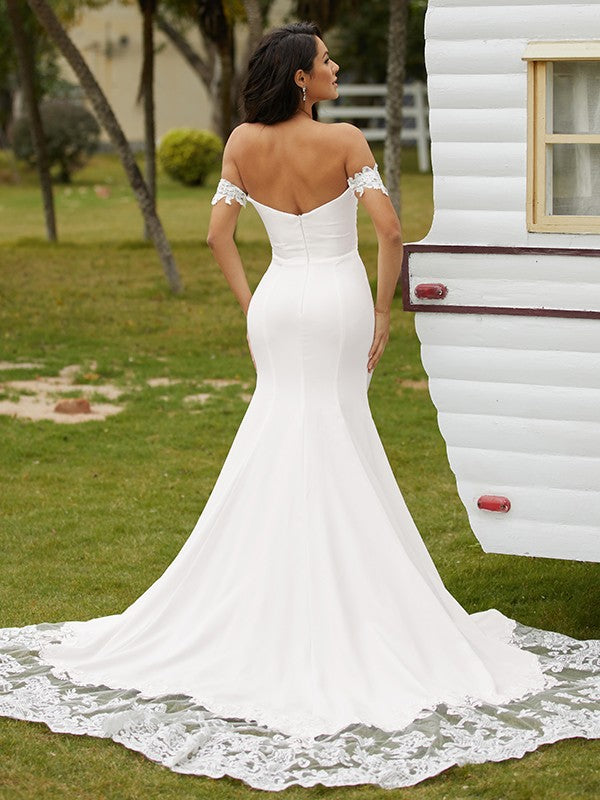 Sheath/Column Off-the-Shoulder Sleeveless Cathedral Train Wedding Dresses