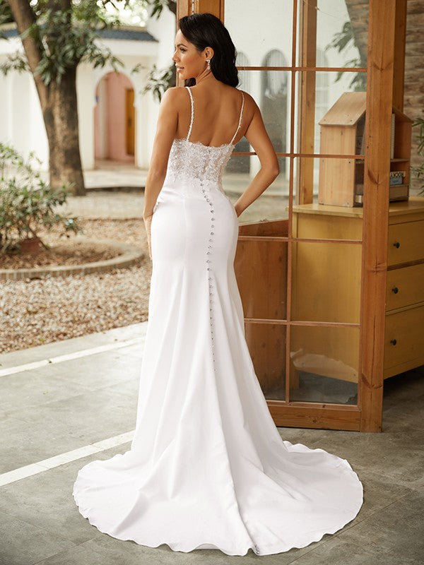 Sheath/Column V-neck Sleeveless Sweep/Brush Train Wedding Dresses