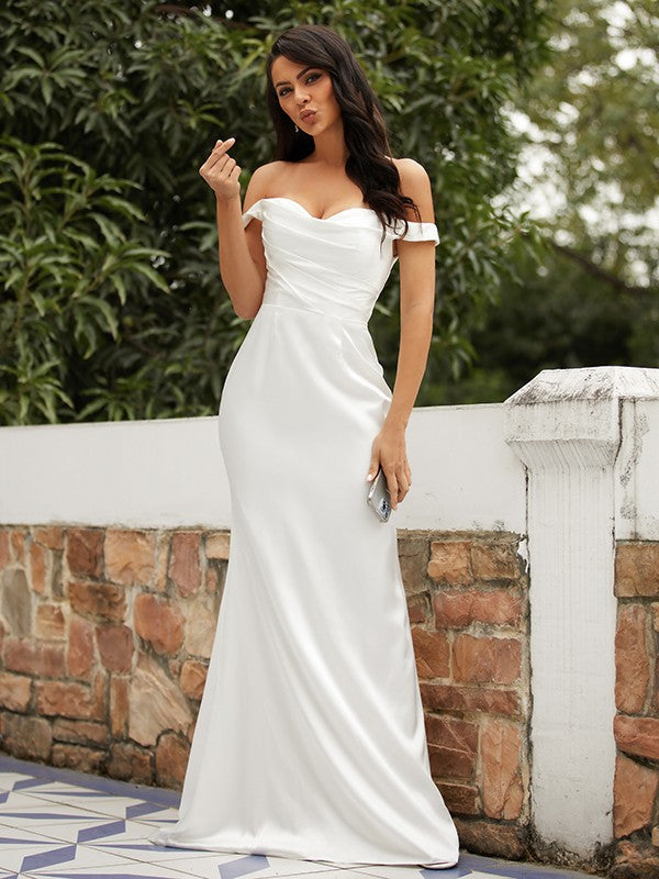 Sheath/Column Elastic Woven Ruched Off-the-Shoulder Sleeveless Sweep/Brush Train Wedding Dresses
