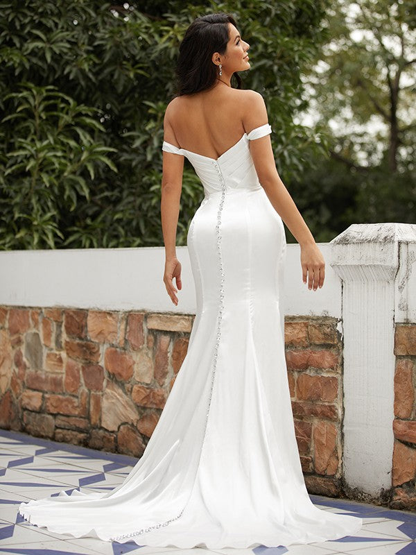 Sheath/Column Elastic Woven Ruched Off-the-Shoulder Sleeveless Sweep/Brush Train Wedding Dresses