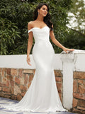 Sheath/Column Elastic Woven Ruched Off-the-Shoulder Sleeveless Sweep/Brush Train Wedding Dresses