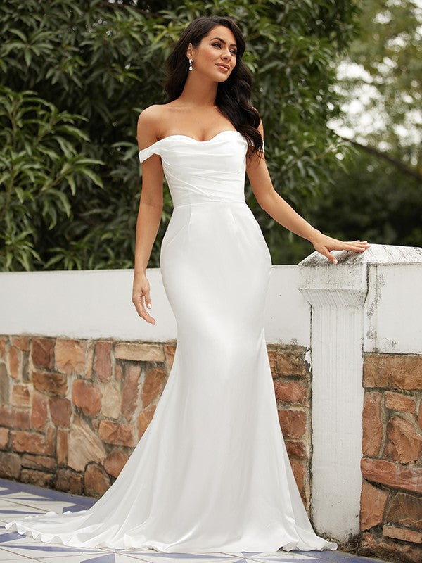 Sheath/Column Elastic Woven Ruched Off-the-Shoulder Sleeveless Sweep/Brush Train Wedding Dresses