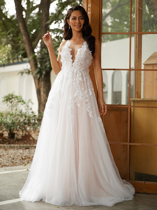 A-Line/Princess Applique Scoop Sleeveless Sweep/Brush Train Wedding Dresses