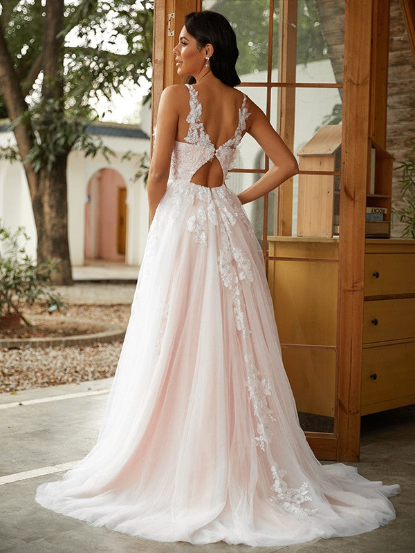 A-Line/Princess Applique Scoop Sleeveless Sweep/Brush Train Wedding Dresses