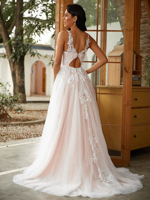 A-Line/Princess Applique Scoop Sleeveless Sweep/Brush Train Wedding Dresses