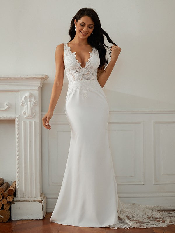 Sheath/Column V-neck Sleeveless Sweep/Brush Train Wedding Dresses