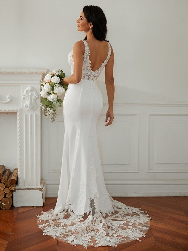 Sheath/Column V-neck Sleeveless Sweep/Brush Train Wedding Dresses