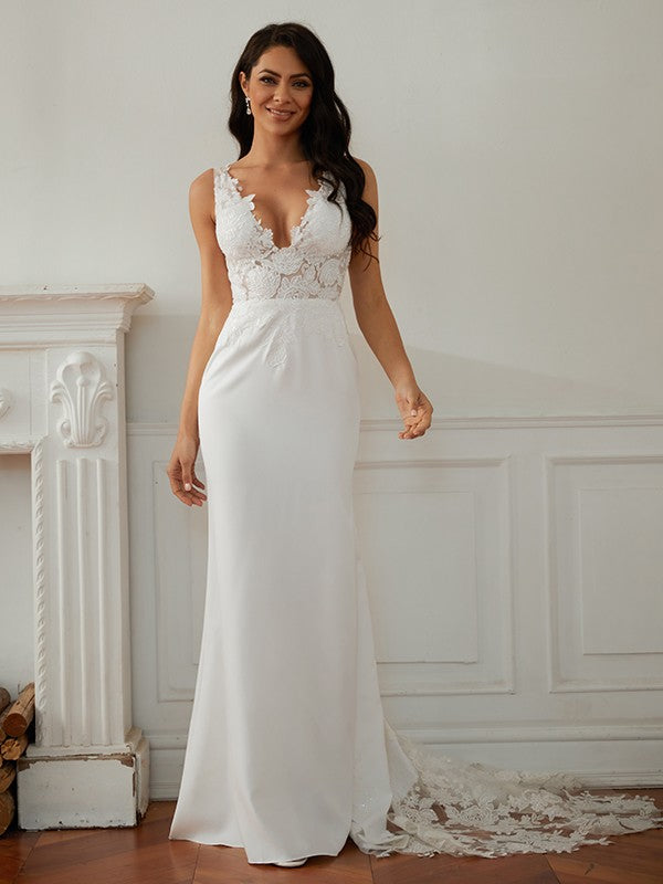Sheath/Column V-neck Sleeveless Sweep/Brush Train Wedding Dresses