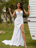 Sheath/Column Charmeuse V-neck Sleeveless Court Train Wedding Dresses