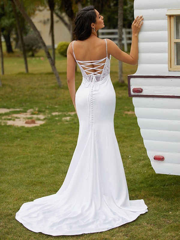 Sheath/Column Charmeuse V-neck Sleeveless Court Train Wedding Dresses