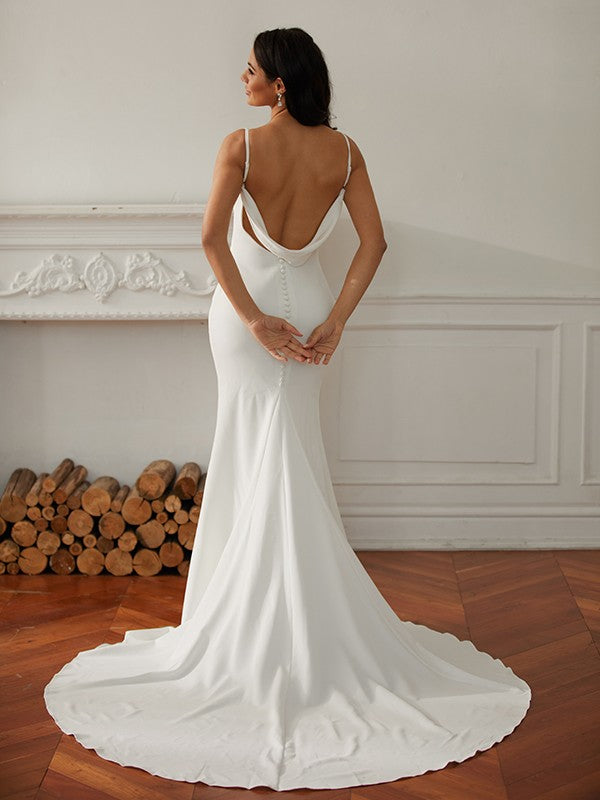 Sheath/Column V-neck Sleeveless Court Train Wedding Dresses