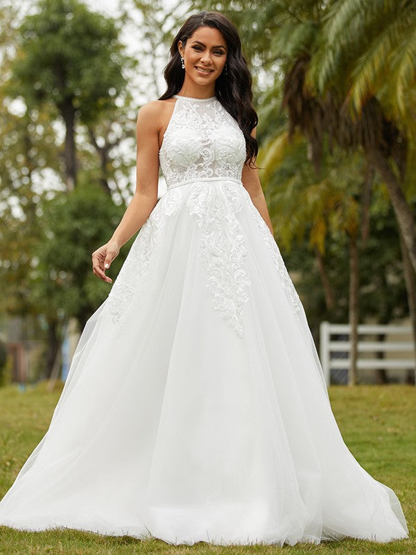 A-Line/Princess Scoop Sleeveless Sweep/Brush Train Wedding Dresses