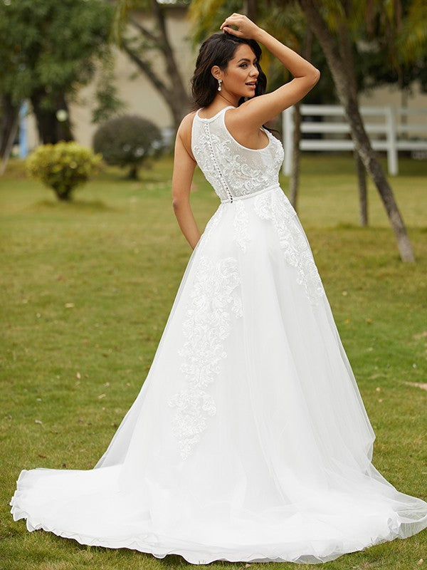A-Line/Princess Scoop Sleeveless Sweep/Brush Train Wedding Dresses