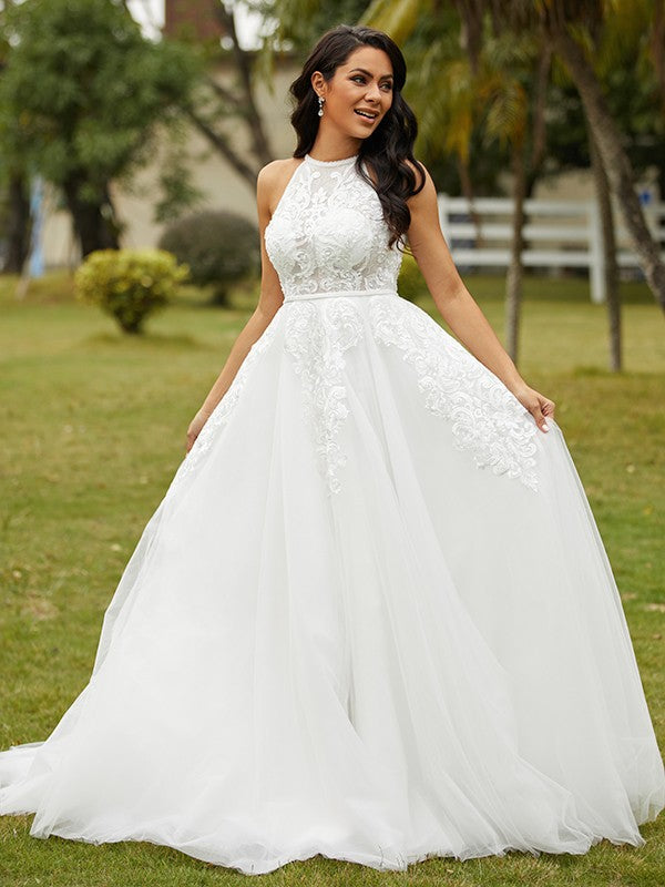 A-Line/Princess Scoop Sleeveless Sweep/Brush Train Wedding Dresses