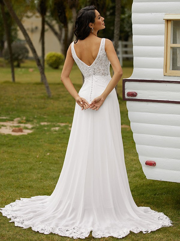 A-Line/Princess V-neck Sleeveless Sweep/Brush Train Wedding Dresses
