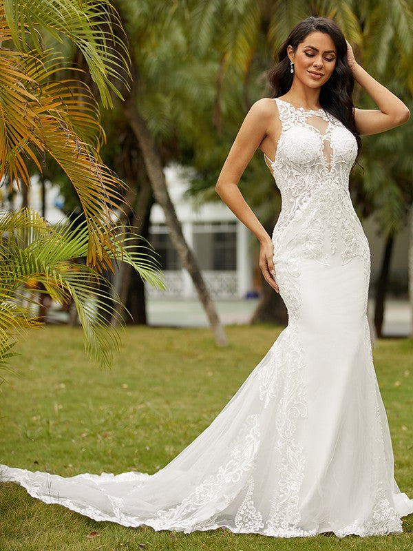 Sheath/Column Scoop Sleeveless Cathedral Train Wedding Dresses