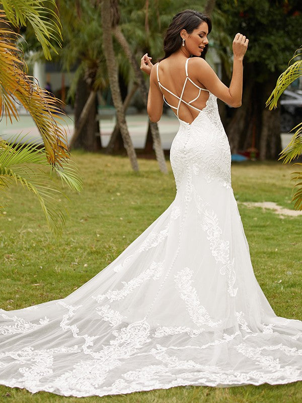 Sheath/Column Scoop Sleeveless Cathedral Train Wedding Dresses