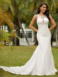 Sheath/Column Scoop Sleeveless Cathedral Train Wedding Dresses
