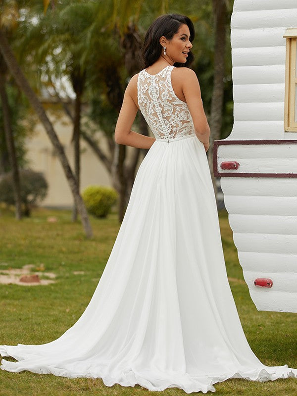 A-Line/Princess Scoop Sleeveless Sweep/Brush Train Wedding Dresses