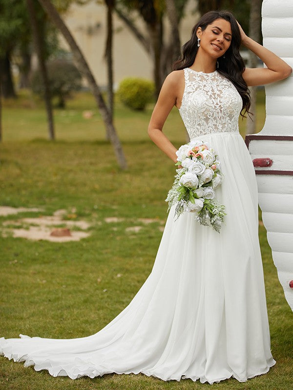 A-Line/Princess Scoop Sleeveless Sweep/Brush Train Wedding Dresses