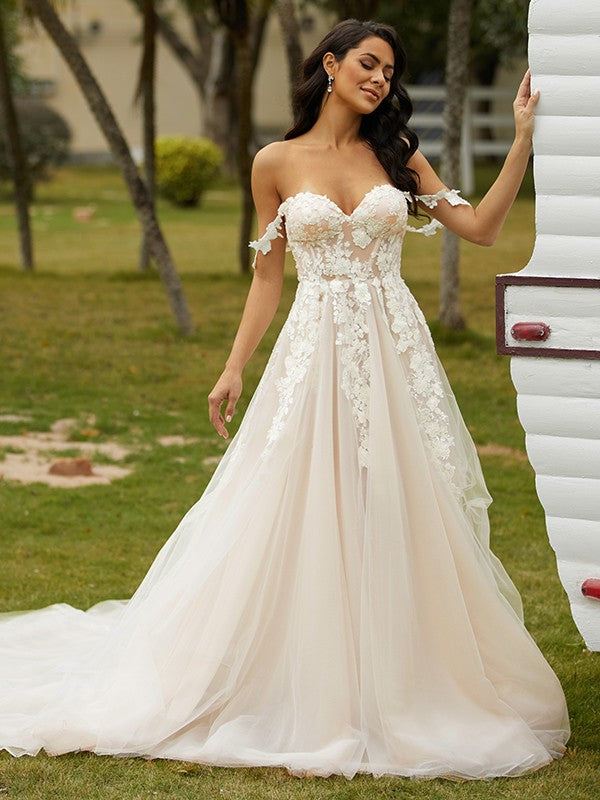 A-Line/Princess Applique Off-the-Shoulder Sleeveless Chapel Train Wedding Dresses