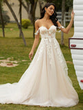 A-Line/Princess Applique Off-the-Shoulder Sleeveless Chapel Train Wedding Dresses
