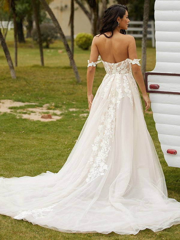 A-Line/Princess Applique Off-the-Shoulder Sleeveless Chapel Train Wedding Dresses
